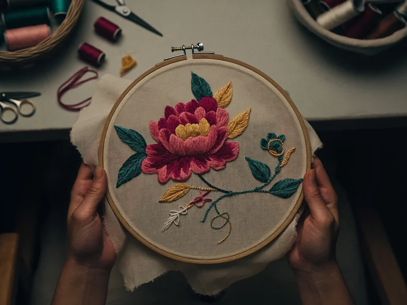 Telaio da ricamo con motivo floreale, filati colorati e piccole forbici su tela chiara.